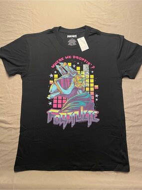 NWT Fortnite “Where We Droppin’?” Black Shirt with Retro Neon Graphic Men’s L